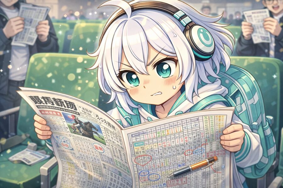 競馬新聞を読み込む様子