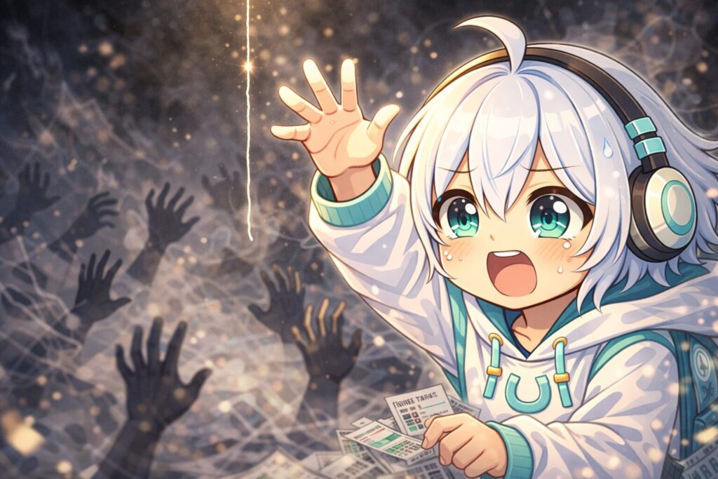 蜘蛛の糸を掴もうとする様子