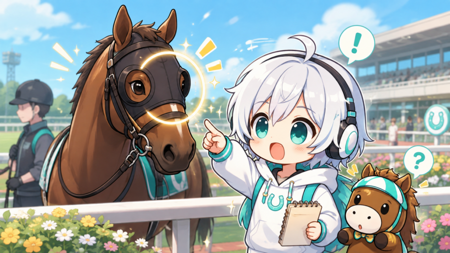 ブリンカーを付けた馬に注目する様子