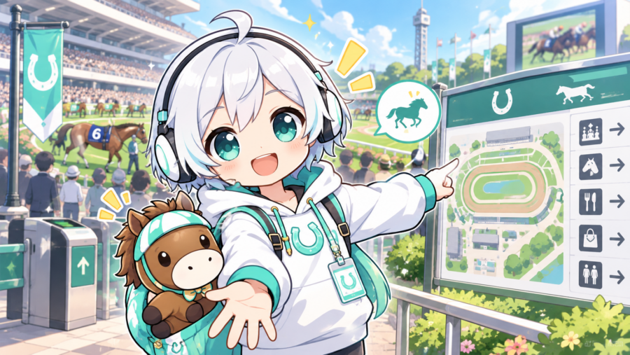競馬場を案内する様子