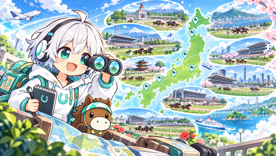 全国の競馬場を観察する様子